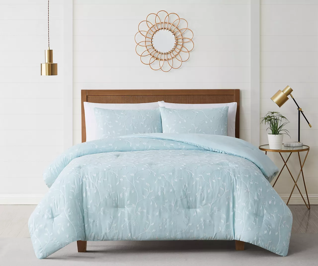 Casa Light Blue & White Embroidered Leaf Vine Comforter Set 3 Casa Light Blue & White Embroidered Leaf Vine Comforter Set