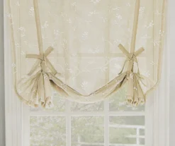 Meribel Taupe & White Embroidered Floral Tie-Up Rod Pocket Curtain Panel, (63")